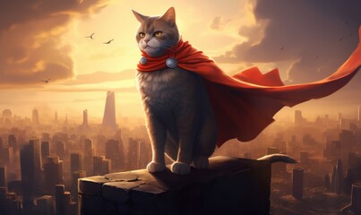 super hero cat on roof top over city, Generative AI