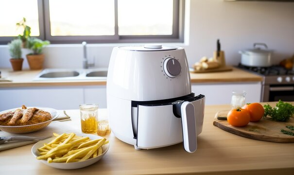 White air fryer or oil free fryer appliance on the wooden table in the modern kitchen near window, Generative AI