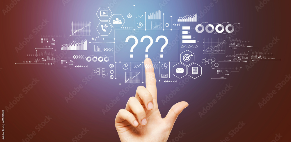 Aufkleber question marks with hand pressing a button on a technology screen