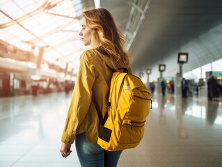 travel at the airport with backpack walking at the gate airport and excited woman with passport ...