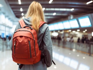 travel at the airport with backpack walking at the gate airport and excited woman with passport  journey and flight schedule search for traveler enjoy trip and holiday