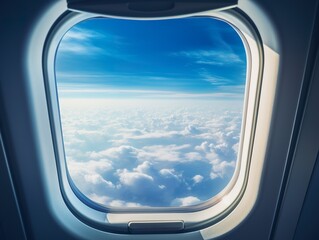 Fototapeta premium Airplane window beautiful sky. Shot from inside of airplane window with sky golden lights of sunset.