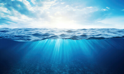 Underwater view of blue sea and sky with sun rays. High quality photo