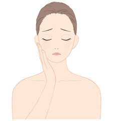 スキンケアをする女性　ネガティブな表情