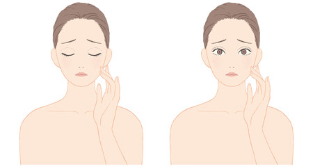 スキンケアをする女性　ネガティブな表情セット