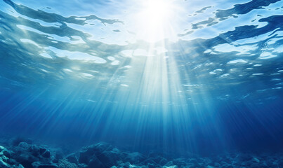 Fototapeta na wymiar Underwater scene with sunbeams shining through the water surface. High quality photo
