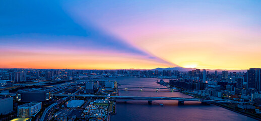 Mount Fuji as seen from Tokyo, Japan with dramatic sunset - obrazy, fototapety, plakaty