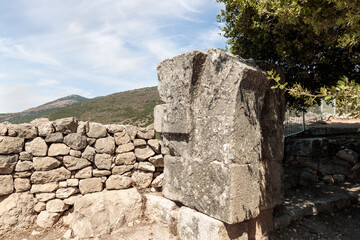 The remains  of a column with decorative stone carvings in the medieval fortress of Nimrod - Qalaat al-Subeiba located near the border with Syria and Lebanon in the Golan Heights, in northern Israel