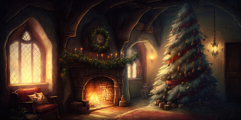 Fototapeta premium Christmas Tree with Christmas Decoration next to fireplace in fairy tale interior of magic house or old castle. Beautiful Christmas and New Year Background