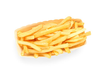 Paper box with tasty french fries isolated on white background