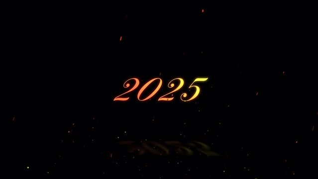 炎とともに現れたり消えたりする文字「2025」背景透過。