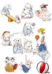 Bear elephant pig animal friends illustrations drawing water color - 677021228