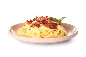 Plate with tasty pasta carbonara on white background