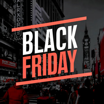 A black Friday banner with a black and white photo of a city street