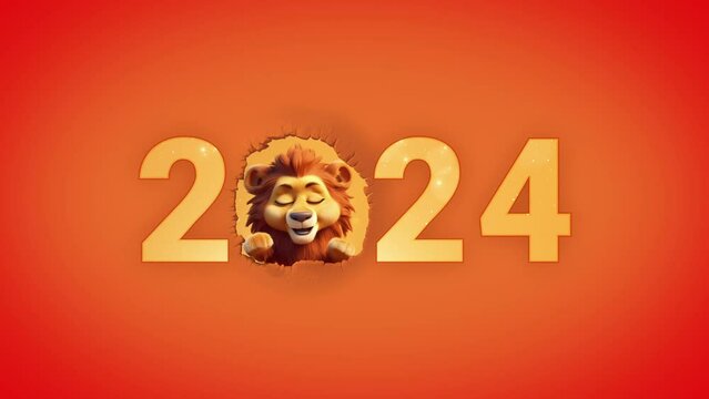Lion peeking out of a hole. Concept 2024 New Year sign. Created with Generative AI.