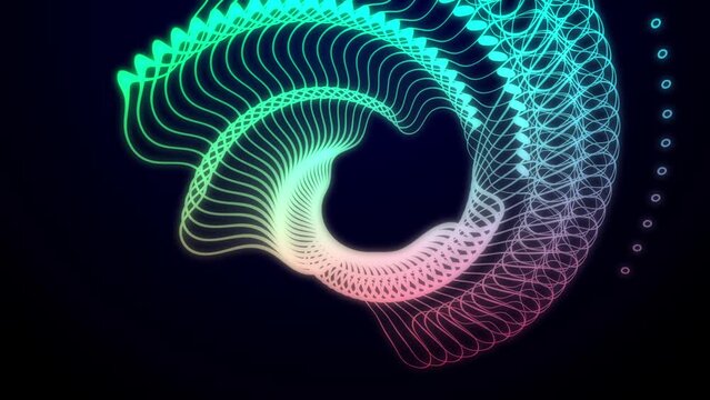 Glowing animated twirl colorful neon gradient pattern spin animation on black dark blue background
