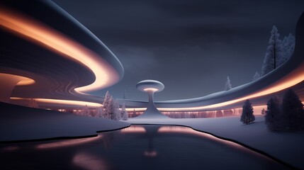 Architectural bionic building with neon hidden lighting in a winter landscape with a forest