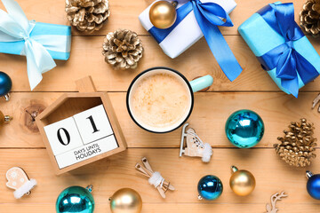 Fototapeta na wymiar Beautiful composition with mug of coffee and Christmas decor on wooden background