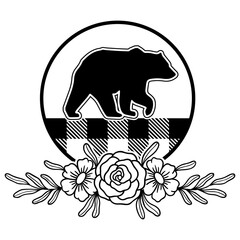 Bear Silhouette Svg, Bear In Plaid Circle with Beautiful Flowers