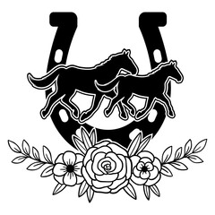 Running Horse Silhouette Svg, Horseshoe with Beautiful Flowers