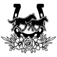 Horse Running Silhouette Svg, Horseshoe Graphic with Beautiful Flowers