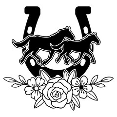 Horse Running Silhouette Svg, Horseshoe Graphic with Beautiful Flowers