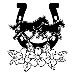 Horse Running Silhouette Svg, Horseshoe Graphic with Beautiful Flowers