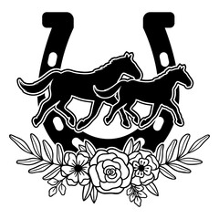 Horse Running Silhouette Svg, Horseshoe Graphic with Beautiful Flowers
