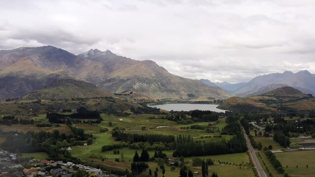 Arrowtown historic town in New Zealand &ndash; aerial view to Lake Hayes as 4k.
