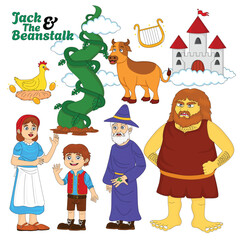 collection of popular children's story book characters jack and the beanstalk, editable, vector, eps 10, characters Jack, mother, old grandfather, giant, cow, chicken and golden harp and giant peas - obrazy, fototapety, plakaty