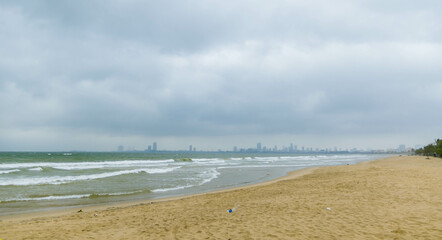 Nguyen Tat Thanh beach with sand and waves at Da Nang city, Vietnam
