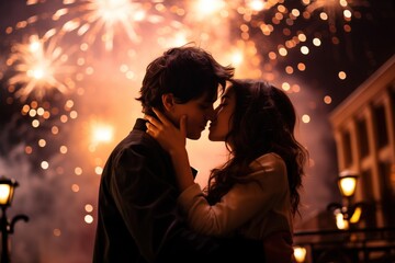 A couple is locked in a tender kiss, silhouetted against a vibrant backdrop of sparkling fireworks, adding to the romantic fervor of their New Year's celebration.