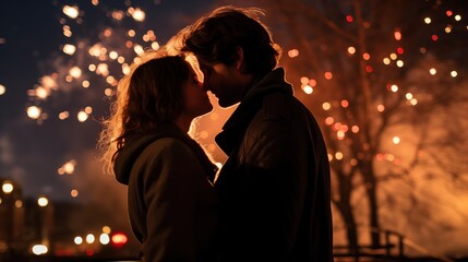 A couple stands nose-to-nose, sharing an intimate moment amidst the festive glow of fireworks and city lights, creating a warm and romantic New Year's Eve atmosphere, new year kiss