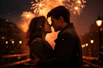a couple is intimately close, their foreheads nearly touching, against a backdrop of spectacular fireworks and gently falling snow, evoking a sense of celebration and romance, new year kiss snow