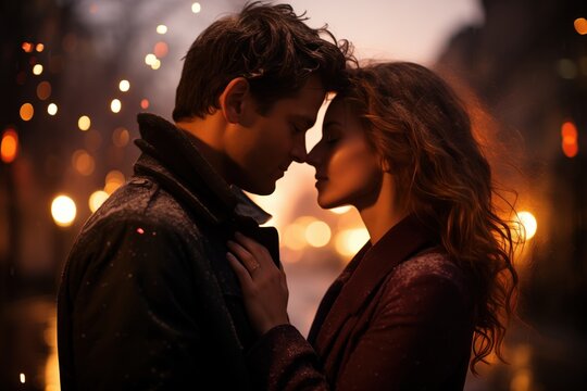 A couple is pictured in a close, affectionate embrace on a snowy evening, with soft bokeh lights providing a romantic and warm backdrop, new year kiss