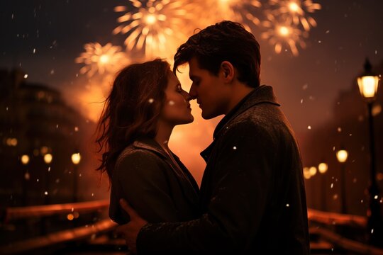 a couple is intimately close, their foreheads nearly touching, against a backdrop of spectacular fireworks and gently falling snow, evoking a sense of celebration and romance, new year kiss snow