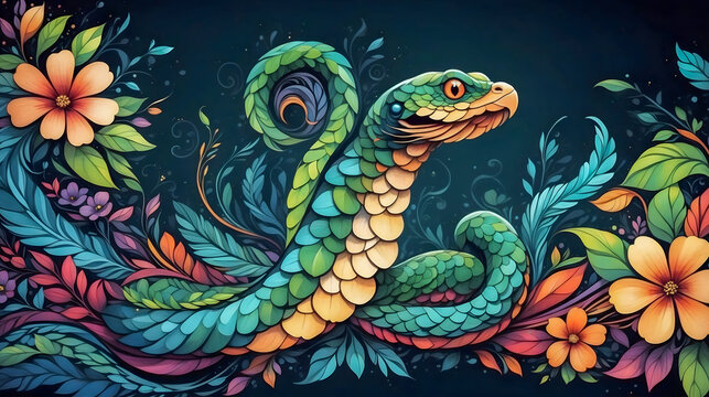 Retro image of a colorful snake gracefully entwined in vibrant flowers, an enchanting blend of vintage style and vivid nature.