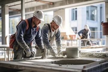 Fototapeta premium Workers at construction site background.