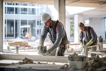 Workers at construction site background.