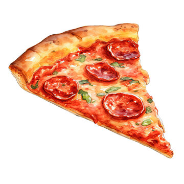 Pizza slice watercolor clipart on transparent background. Generative AI illustration