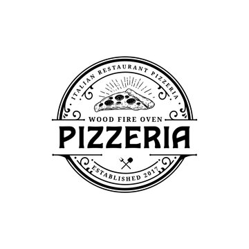 Pizza Pizzeria baked in traditional wood oven logo design vector illustration. Pizza Pizzeria baked in traditional wood oven logo design template element
