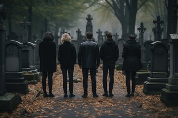 A group of young people in a cemetery looking at the tombstones