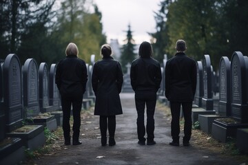 Obraz premium A group of young people in a cemetery looking at the tombstones