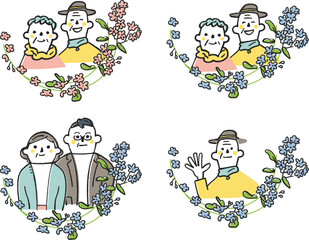 勿忘草で縁取られたシニアカップルまたは単身者　セット　イラスト素材
