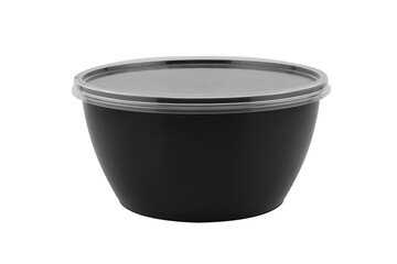 Disposable black plastic lunch box container isolated on white background. Plastic container isolated. Single-use plastic packaging