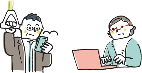 スマホやパソコンでい熱心に調べ物をする中高年　セット　イラスト素材
