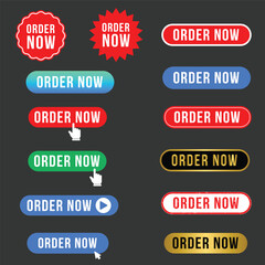 Set of order now buttons, collection of order now signs