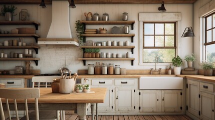 A rustic farmhouse kitchen with open shelving, farmhouse sink, and distressed wood accents for a cozy and charming culinary space. 