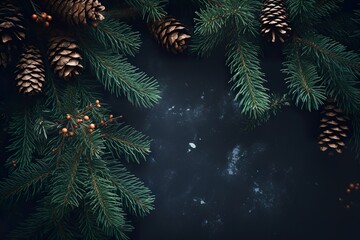Fototapeta na wymiar Christmas tree branches with conifer cone holiday dark background concept