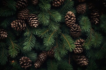 Christmas tree branches with conifer cone holiday  dark background concept